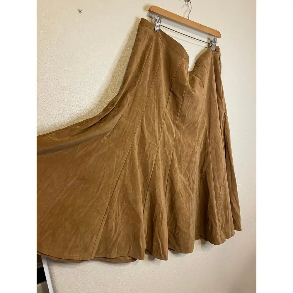 Dress Barn Western Wear Faux Suede Light Brown Midi Flare Skirt Size 24w - Picture 2 of 12